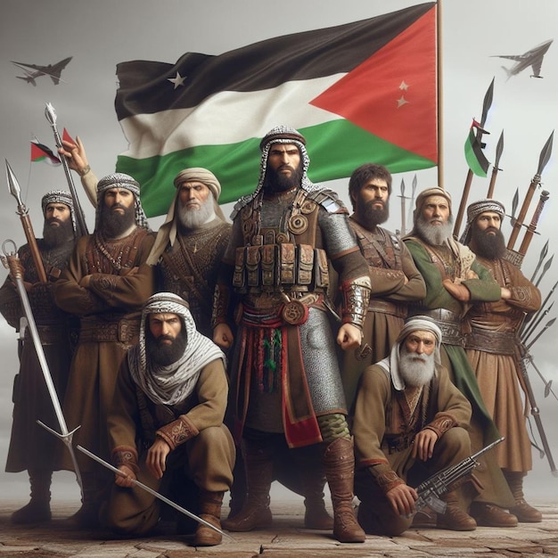 La fierté palestinienne l'emporte. Les hommes conquis lèvent le drapeau, un symbole durable de force et d'identité.