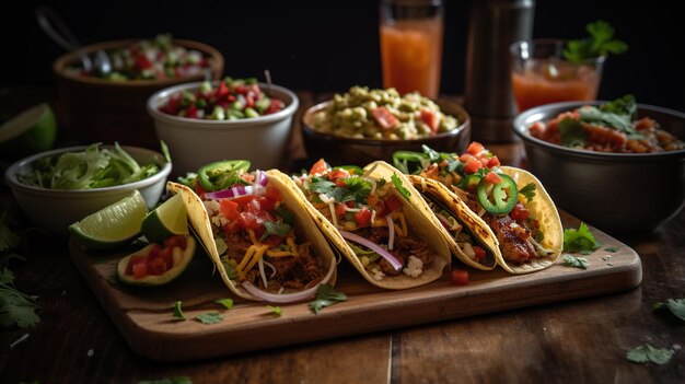 Fiesta vibrante Une photo colorée et appétissante de tacos, un régal pour les sens