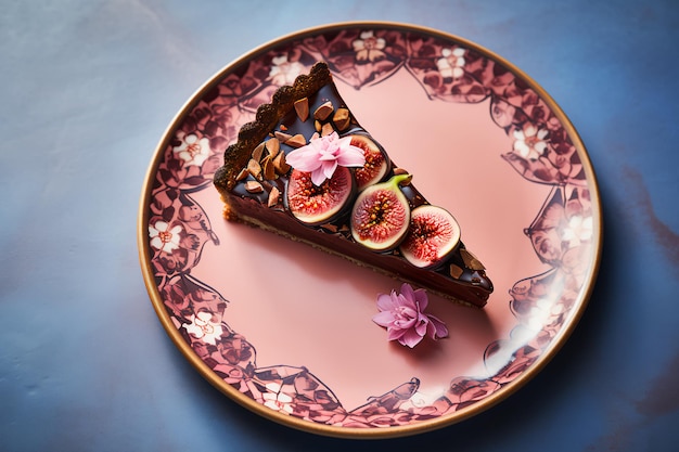 Photo figs d'automne dessert dans une palette rose barbecue et bleu pastel dans le style romantique des livres de cuisine