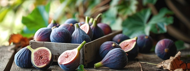 des figues dans une boîte en bois sur le fond de la nature