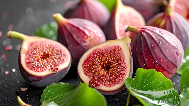 Des figues et des feuilles sont sur une table.