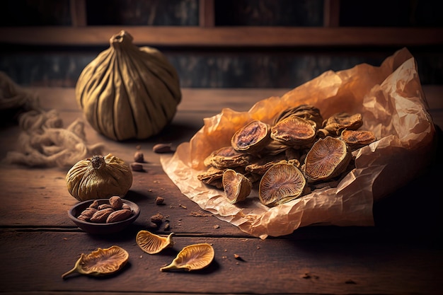 Figues sèches avec un fond en bois