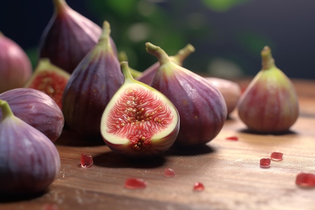 Figues sur une table en bois avec un fond vert