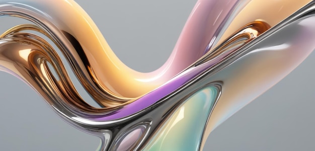 Figure abstraite en chrome, formes arrondies avec des reflets de couleurs douces