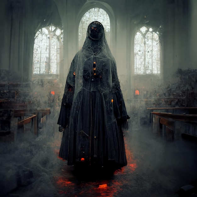 Figure abstraite portant une large robe noire debout à l'intérieur d'une église brumeuse