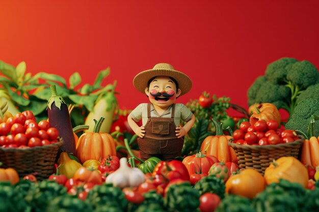 Figure d'agriculteur en miniature avec des légumes frais sur un fond rouge vibrant