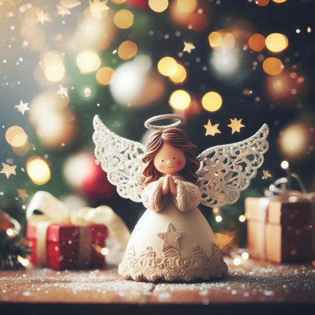 Photo figure d'ange avec décoration de noël à l'arrière-plan