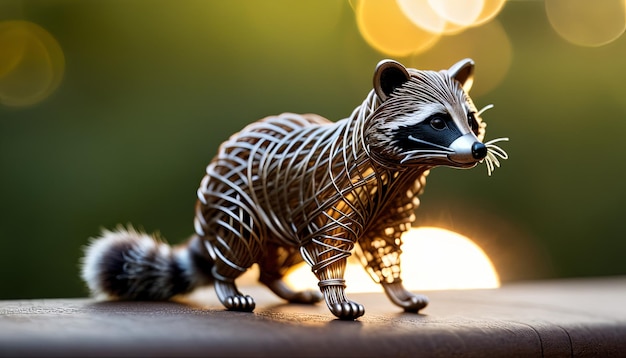 Figure d'animal en fil de raton laveur courbée sur un fond flou figure d'animale en fil abstraite figure créative d'art et
