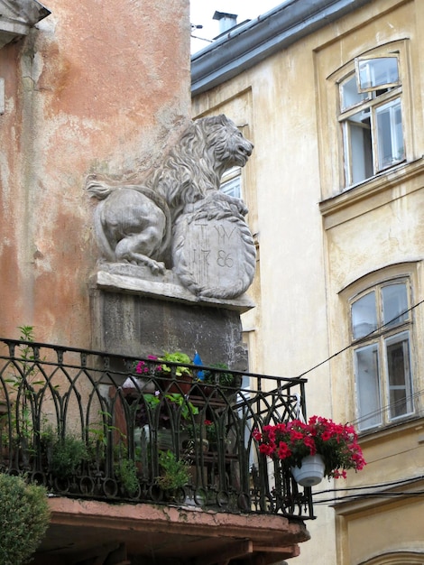 Figure en bas-relief d'une statue de lion sur un bouclier au coin d'un vieux bâtiment balcon clôture en fer