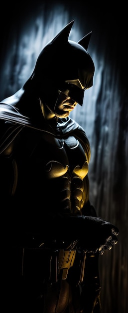 Photo une figure de batman dans un costume noir avec un halo jaune sur la poitrine