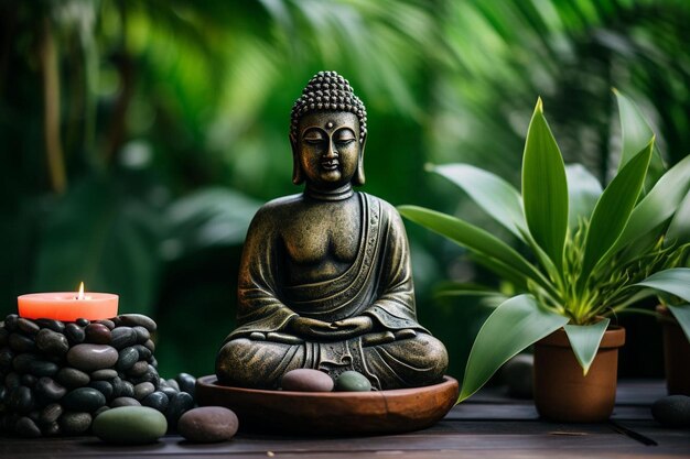 Figure de Bouddha devant une plante de bambou et des pierres volcaniques