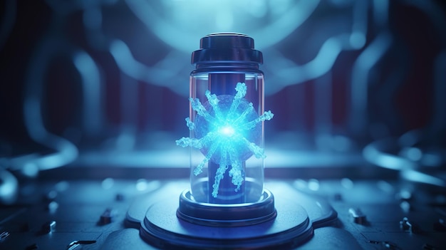 Une figure brillante dans un bocal en verre avec une lumière bleue dessus