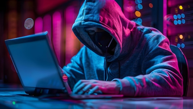 Figure à capuche piratant des serveurs et des ordinateurs portables pour tester la cybersécurité plantant des logiciels malveillants Concept Piratage de cybersécuité Malware Serveurs Ordinateurs portables