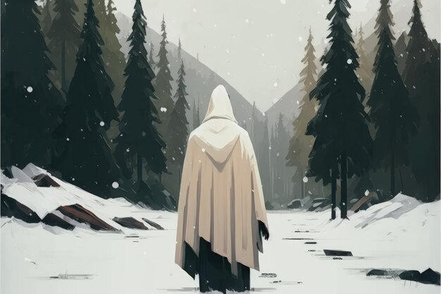 Une figure à capuchon blanc se dresse au milieu d'un paysage enneigé d'arbres blancs Concept Fantasy Peinture Illustration AI générative