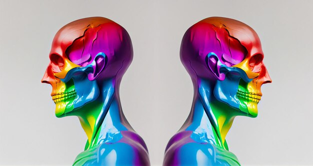 Une figure de couleur arc-en-ciel est représentée avec la tête d'un mannequin.