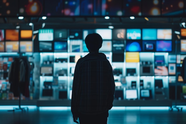 Figure debout devant un écran de magasin électronique éclairé