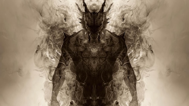 Figure de démon faite de verre réfléchissant se chevauchant avec effet de double exposition Concept de démon artistique