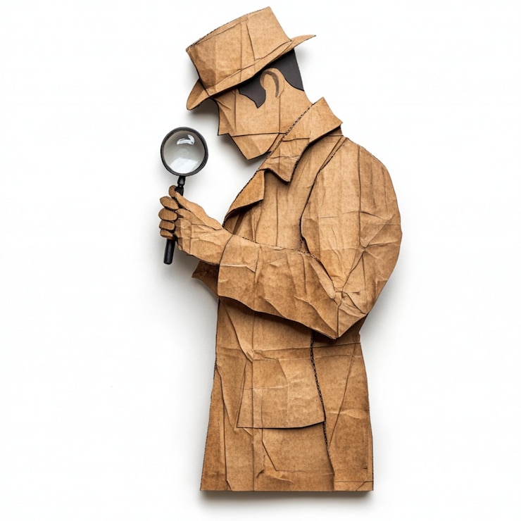 Photo une figure de détective mystérieuse dans un manteau beige et un chapeau tenant une loupe