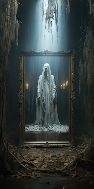 Photo une figure effrayante dans un miroir avec un reflet d'un fantôme dans le noir