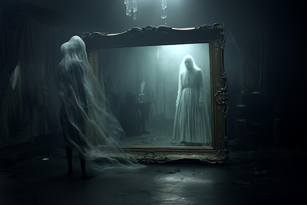 La figure fantomatique de Ghoa en verre se tient devant un miroir d'horreur miroir