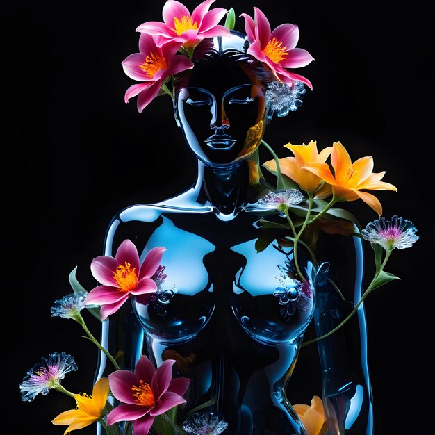 Photo la figure de la femme transparente en cristal est vraiment époustouflante avec des fleurs délicates apparemment flottant esprit