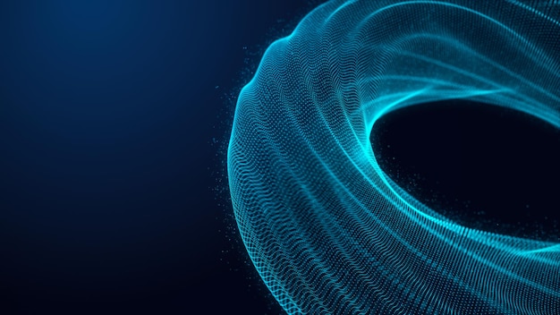 Figure géométrique abstraite faite de particules numériques Connexion réseau Une grande structure de données de points bleus reliés par des lignes rendu 3d