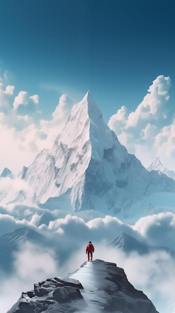 Une figure d'un homme sur un sommet de montagne sur un fond d'une montagne encore plus grande paysage