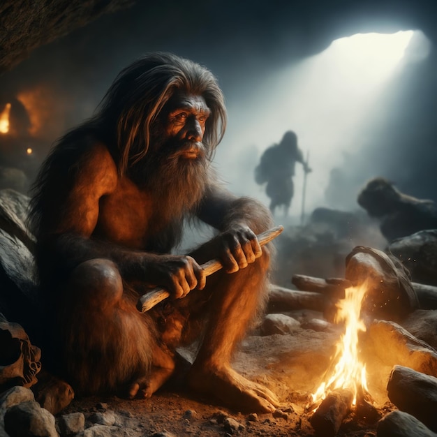 Une figure humaine primitive avec un bâton de bois est assise près d'un feu dans une grotte. Des silhouettes d'autres sont vues.