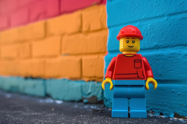 Une figure de lego devant un mur de briques