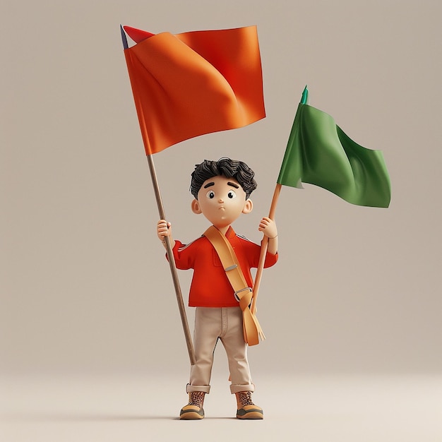 une figure en lego d'un garçon tenant des drapeaux avec un drapeau rouge