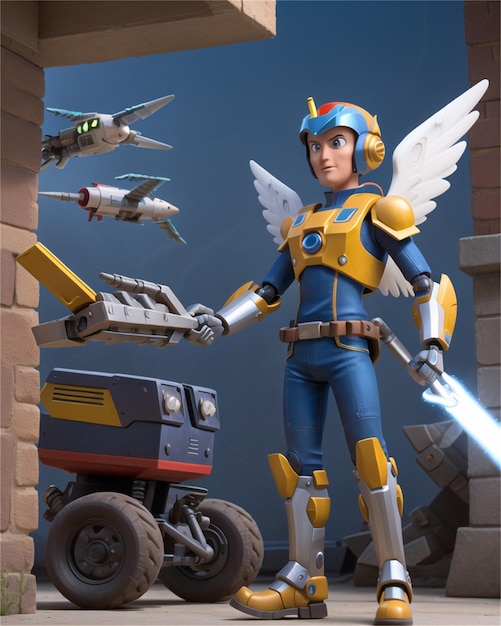 Photo une figure en lego d'un homme avec des ailes et des ailes est à côté d'un jouet.