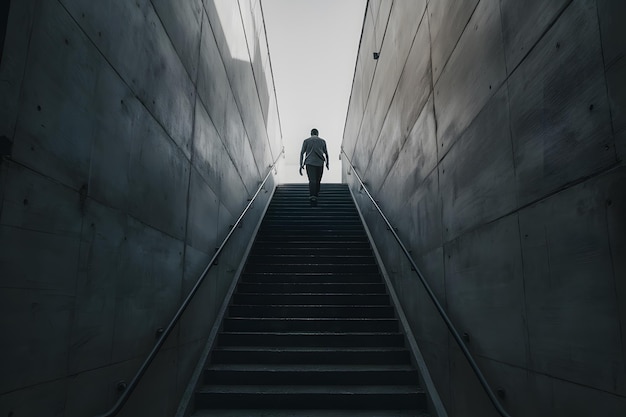 La figure monte l'escalier fermé à la luminosité évoquant une humeur sereine mais anticipative