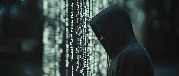 Figure mystérieuse devant un mur de code Concept de pirate informatique