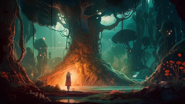 Figure mystique au milieu d'une forêt enchantée dans un paysage fantastique onirique aux couleurs et à l'atmosphère magiques