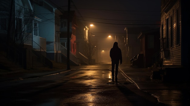 une figure ombragée marchant dans une rue humide la nuit