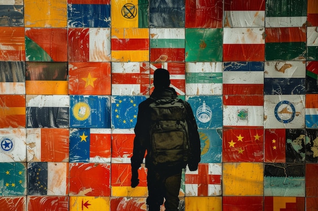 figure de réfugié humain avec des valises à colorier avec différents drapeaux de pays du monde