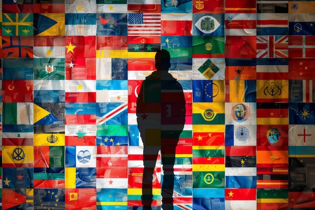 Photo figure de réfugié humain avec des valises à colorier avec différents drapeaux de pays du monde