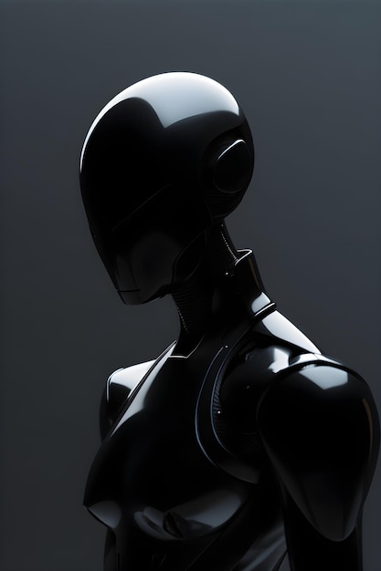 Une figure de robot noir se tient sur un fond sombre.