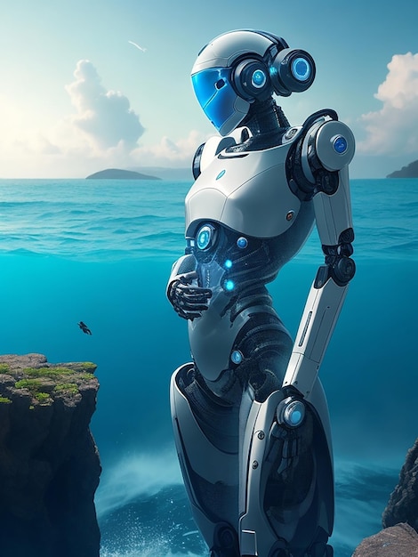 Une figure robotique faisant preuve de compréhension entourée d'un océan de compassion