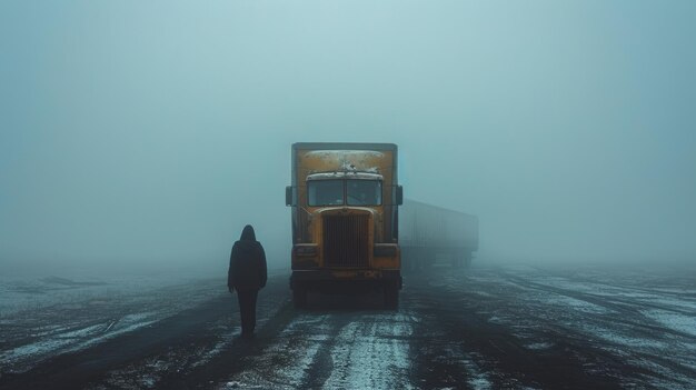 Une figure solitaire et un camion abandonné dans un désert brumeux