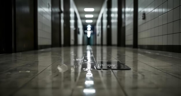 Photo une figure solitaire dans un long couloir carrelé