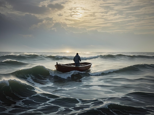 une figure solitaire dans un petit bateau et des vagues