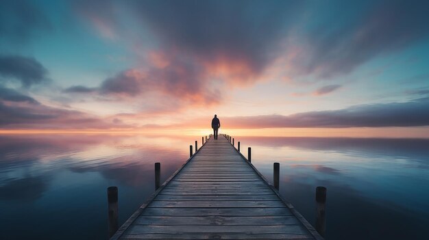 Figure solitaire sur une jetée inhabituellement longue au coucher du soleil