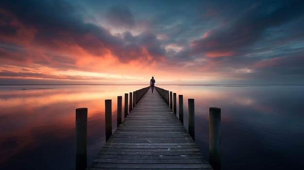 Figure solitaire sur une jetée inhabituellement longue au coucher du soleil