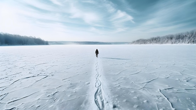 Figure solitaire marchant sur un chemin enneigé avec un lever de soleil tranquille au milieu des montagnes brumeuses en arrière-plan