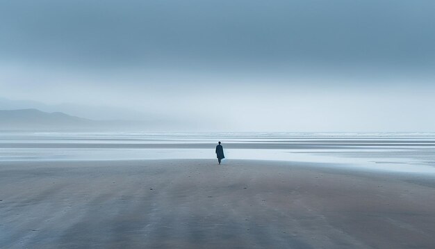 Photo une figure solitaire marchant sur une plage vide et nuageuse pour le lundi bleu