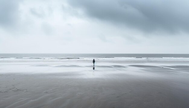 Photo une figure solitaire marchant sur une plage vide et nuageuse pour le lundi bleu