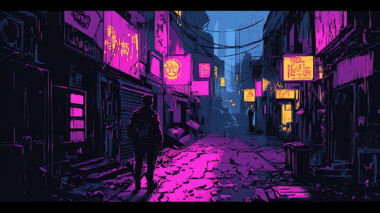 Photo une figure solitaire marche dans une rue éclairée au néon dans une ville cyberpunk