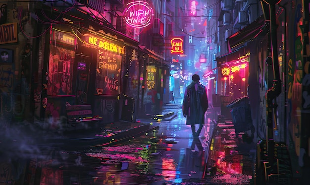 Une figure solitaire marche dans une ruelle trempée par la pluie, éclairée par des panneaux de néon vibrants.