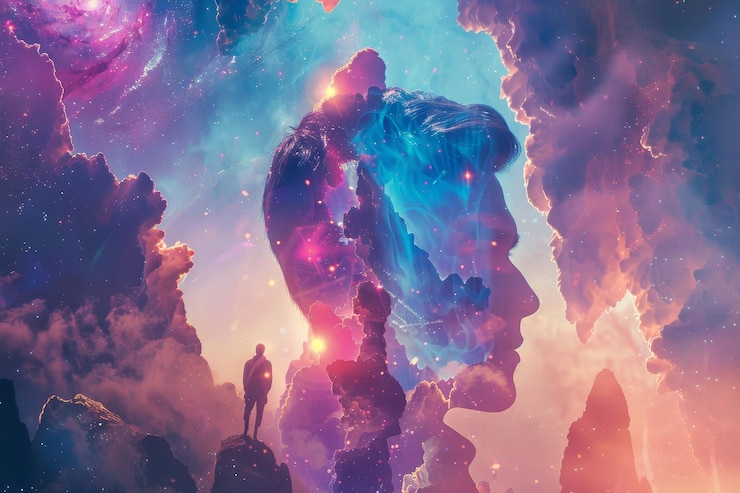 Photo une figure solitaire regarde une tête cosmique formée à partir de nuages dans un paysage de rêve une collection d'individus perdus dans leurs propres mondes mais connectés par l'énergie qui les entoure